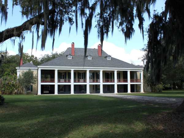 a tree in front of a house with Destrehan Plantation in the background